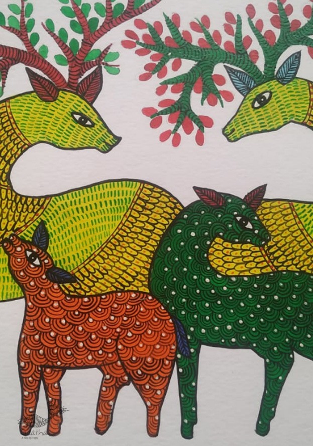 Buy Hand Painted Gond  Painting  - Deer Family