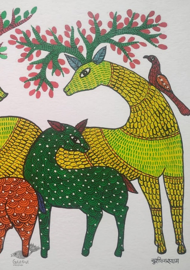 Buy Hand Painted Gond  Painting  - Deer Family