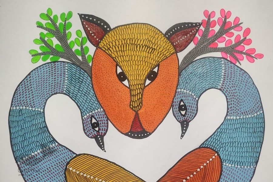 Buy Hand Painted Gond  Painting  - Two Peacock