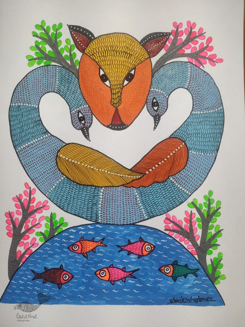 Buy Hand Painted Gond  Painting  - Two Peacock