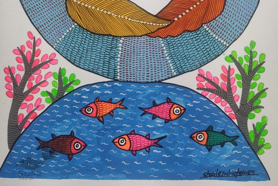 Buy Hand Painted Gond  Painting  - Two Peacock