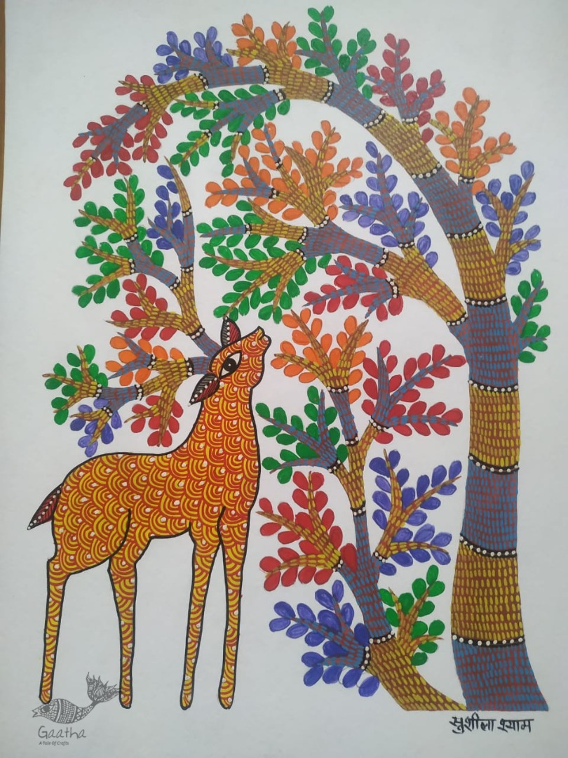 Buy Hand Painted Gond  Painting- Deer under the tree