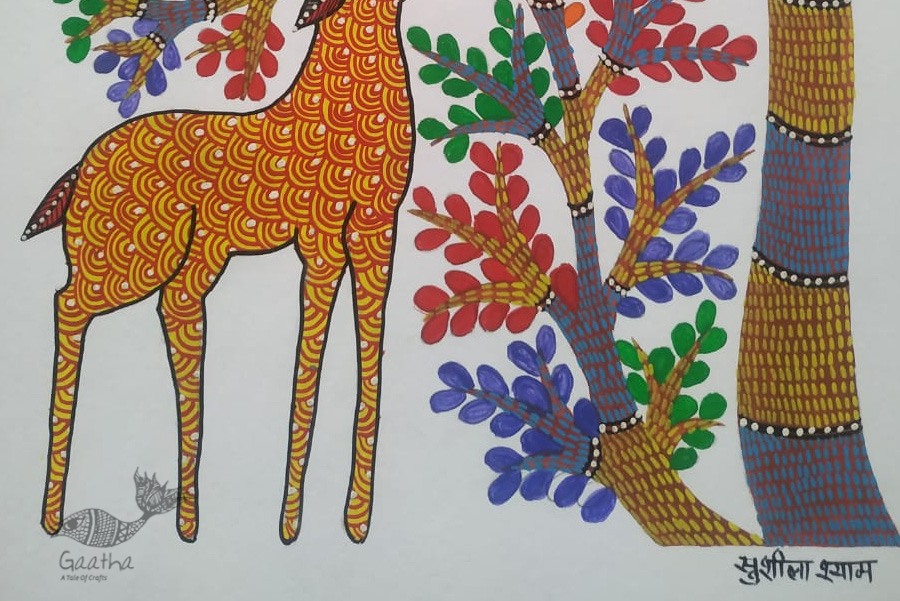 Buy Hand Painted Gond  Painting- Deer under the tree