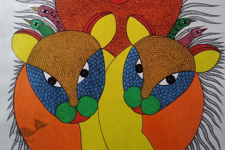 Buy Hand Painted Gond  Painting - Three Tigers