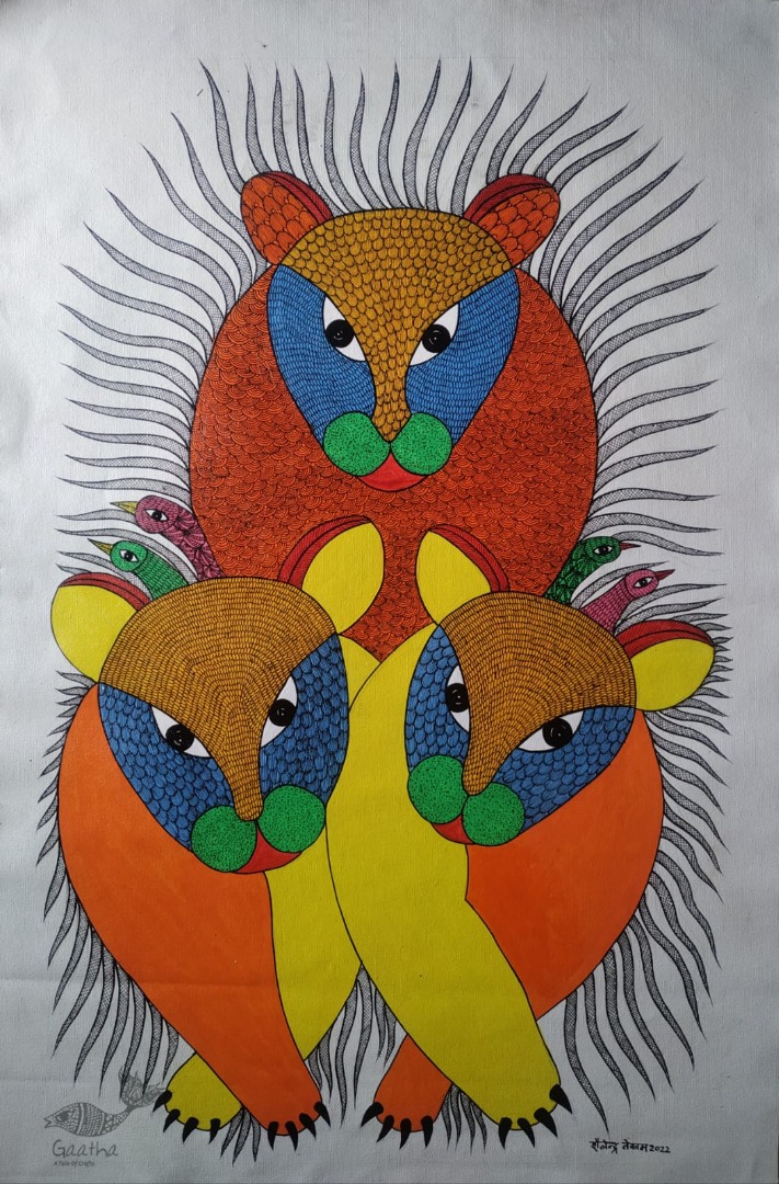 Buy Hand Painted Gond  Painting - Three Tigers