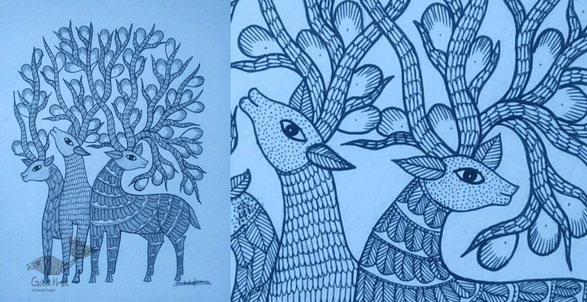 Buy Hand Painted Gond  Painting - Blue Paper sheet