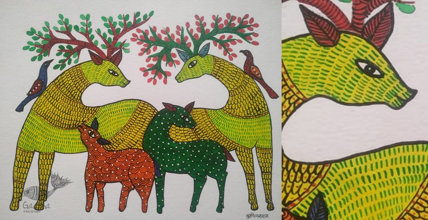 Buy Hand Painted Gond  Painting  - Deer Family