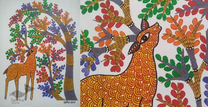 Buy Hand Painted Gond  Painting- Deer under the tree