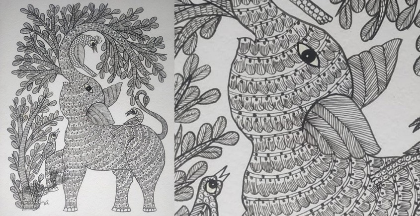 Buy Hand Painted Gond  Painting - Elephant Black & White