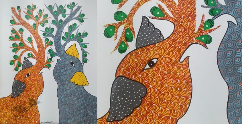 Buy Hand Painted Gond  Painting - Grey & Orange Elephants