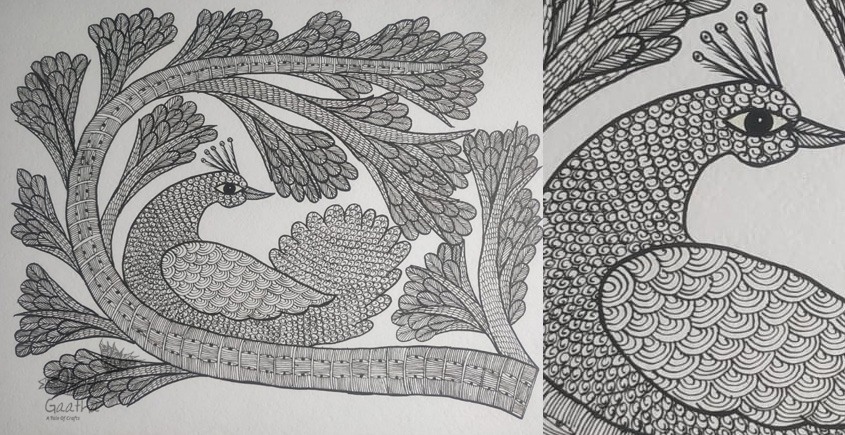 Buy Hand Painted Gond Painting Peacock Black & white 