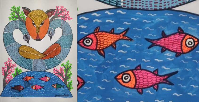 Buy Hand Painted Gond  Painting  - Two Peacock