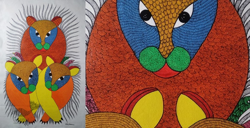 Buy Hand Painted Gond  Painting - Three Tigers