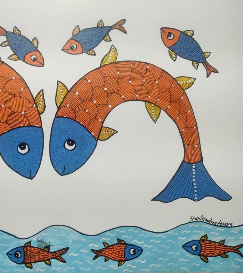 Gond Painting - indian art  Fish Pond