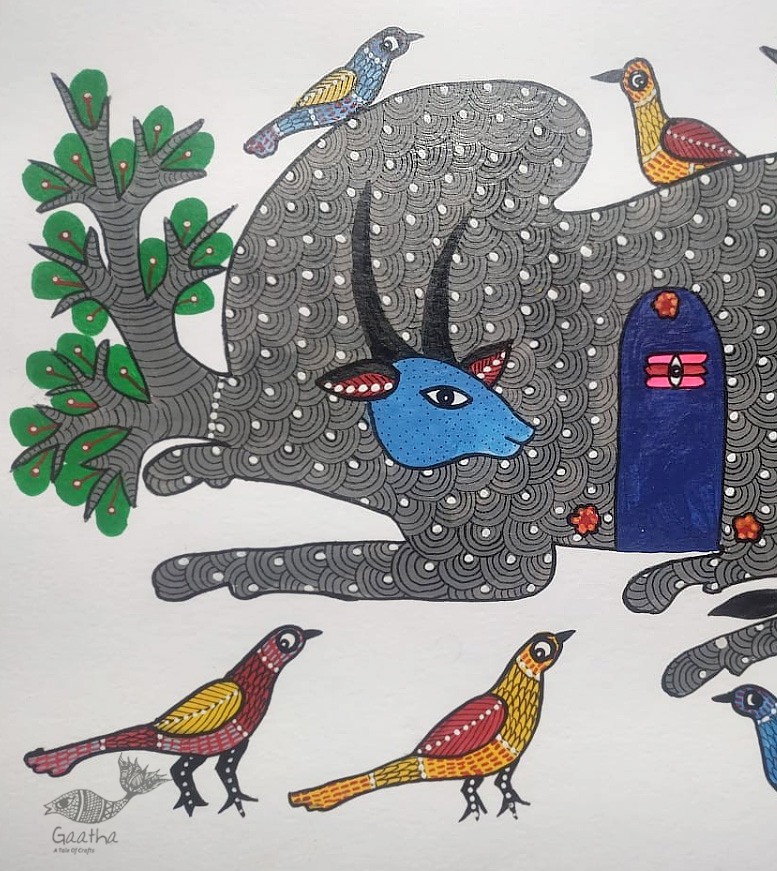 Gond Painting - indian art Nandi & Shivling