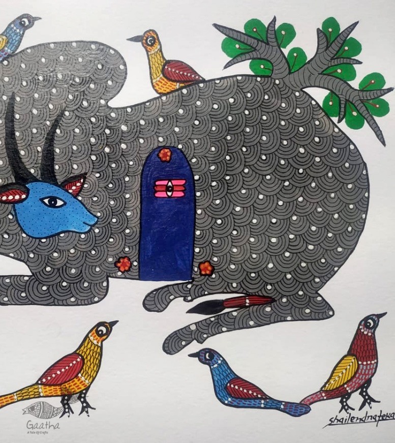 Gond Painting - indian art Nandi & Shivling