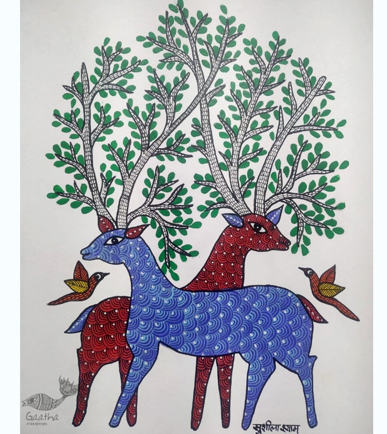 Gond Painting - indian art Birds & Deer