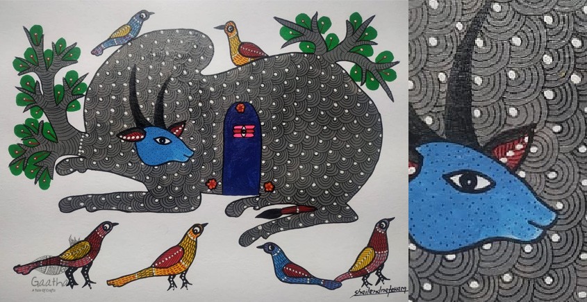 Gond Painting - indian art Nandi & Shivling