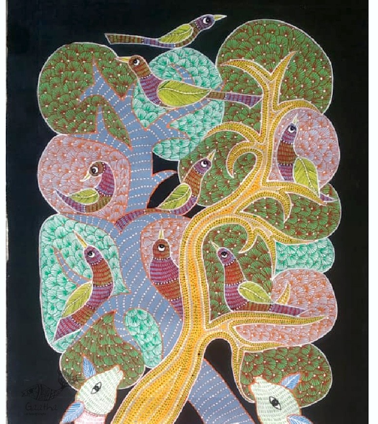 Gond Painting - indian art Peahen & Peacock