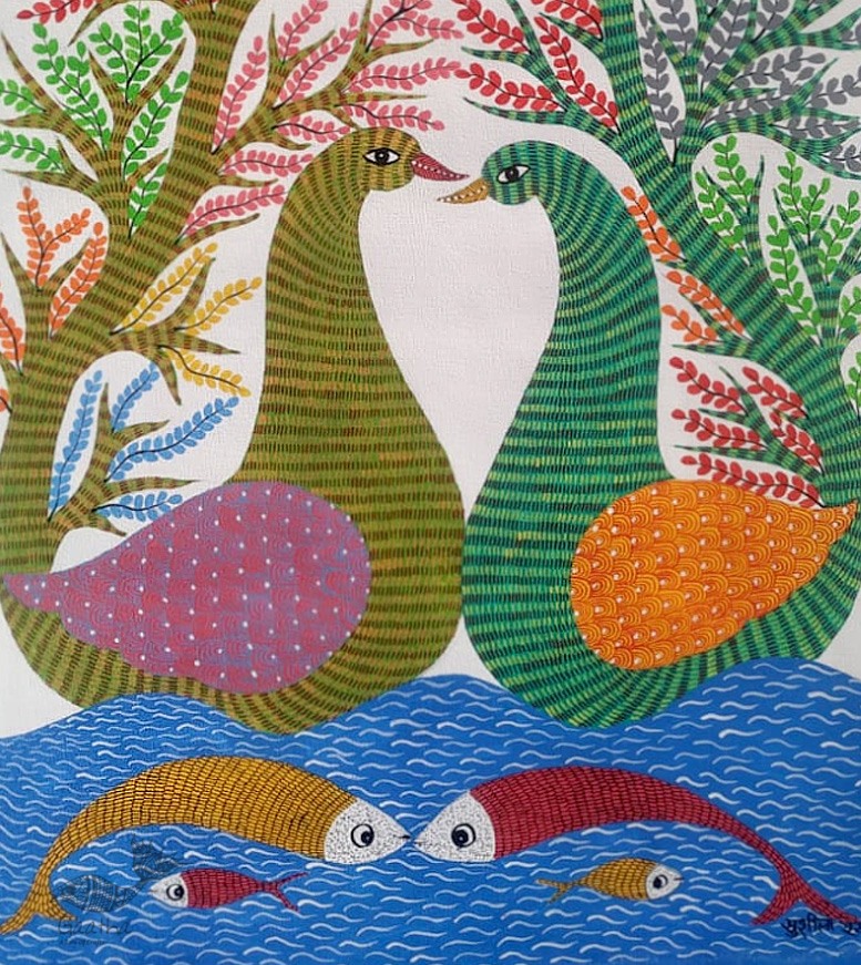 Gond Painting - indian art Peahen & Peacock