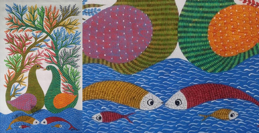 Gond Painting - indian art Peahen & Peacock