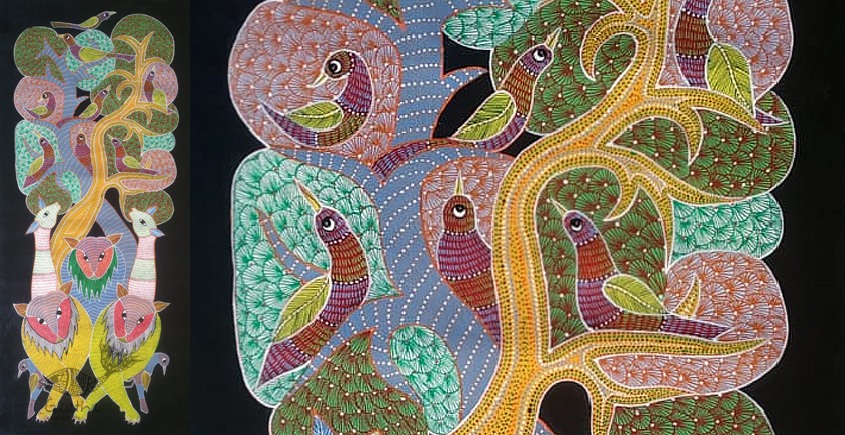 Gond Painting - indian art Peahen & Peacock