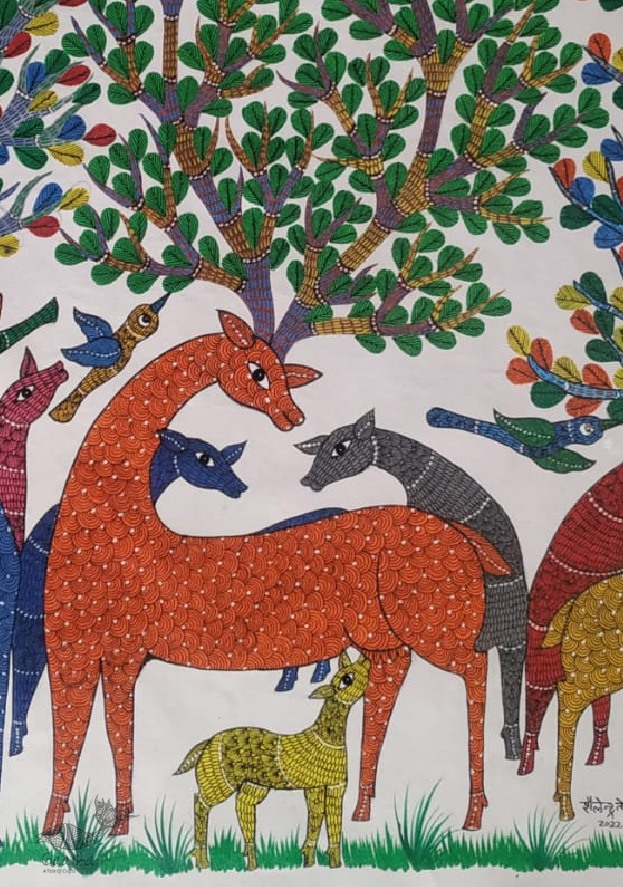 Buy Gond Painting - indian art Deer Family