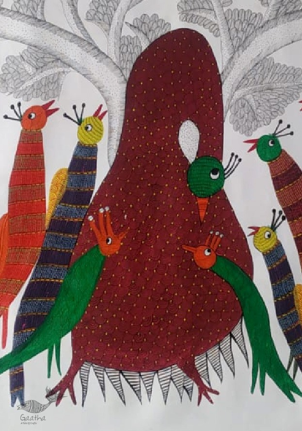 Buy Canvas Gond Painting - birds on indian art