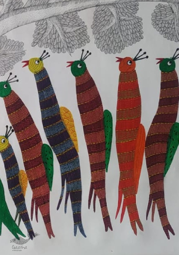 Buy Canvas Gond Painting - birds on indian art