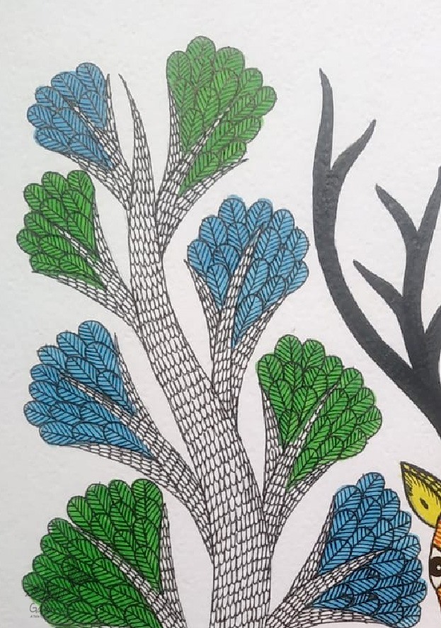 Buy Hand Painted Gond Painting - Mother deer with Baby deer