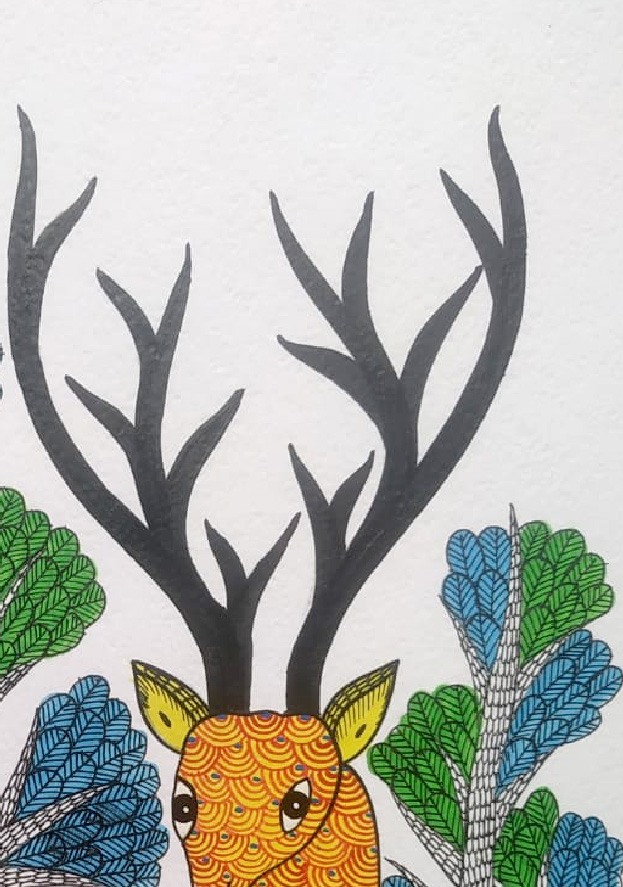 Buy Hand Painted Gond Painting - Mother deer with Baby deer