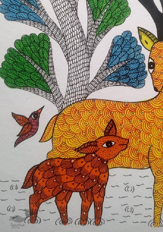 Buy Hand Painted Gond Painting - Mother deer with Baby deer