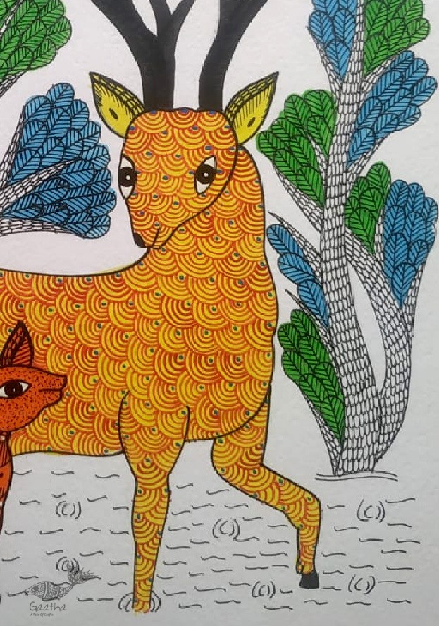 Buy Hand Painted Gond Painting - Mother deer with Baby deer