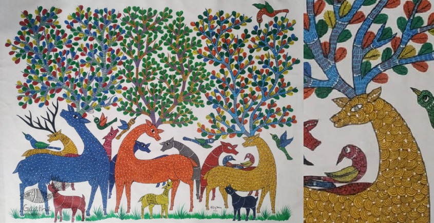 Buy Gond Painting - indian art Deer Family