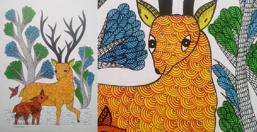 Buy Hand Painted Gond Painting - Mother deer with Baby deer
