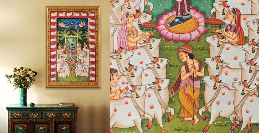 Hand painted pichwai paintings - Gopashtami Pichwai With Cows Border