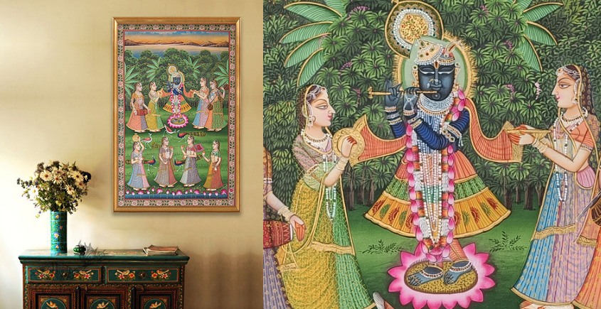 Hand painted pichwai paintings - Krishna Pichwai With Gopis On Yamuna Ghat