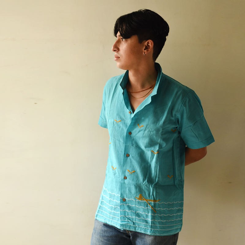 shop Pure Cotton Shirts - Extra Weft Hand Woven - Sky Blue