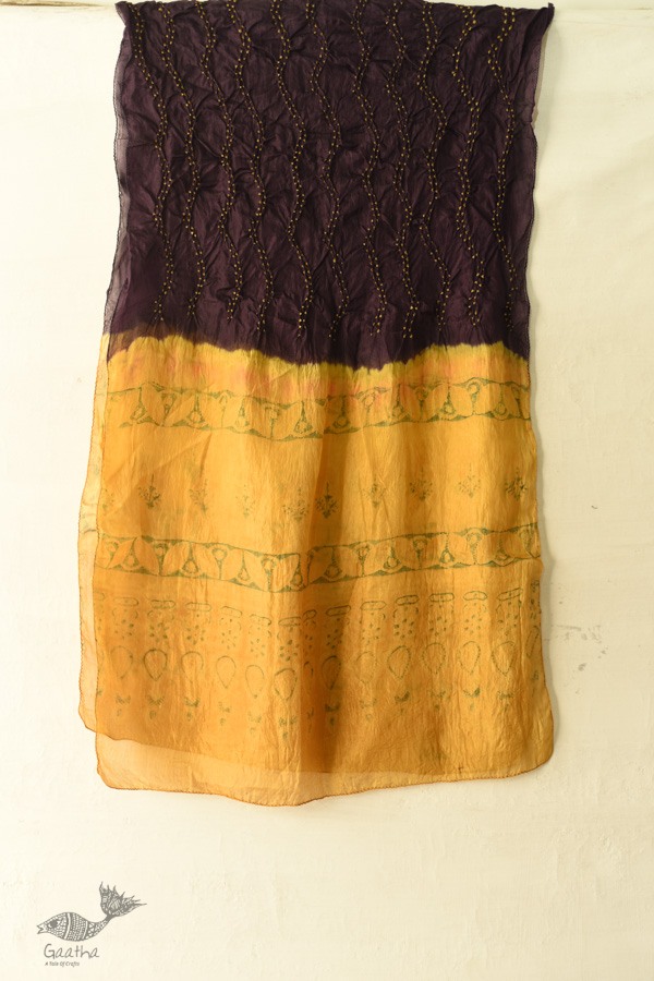 shop Handcrafted Ajrakh Bandhani Dark Violet Color Silk Stole