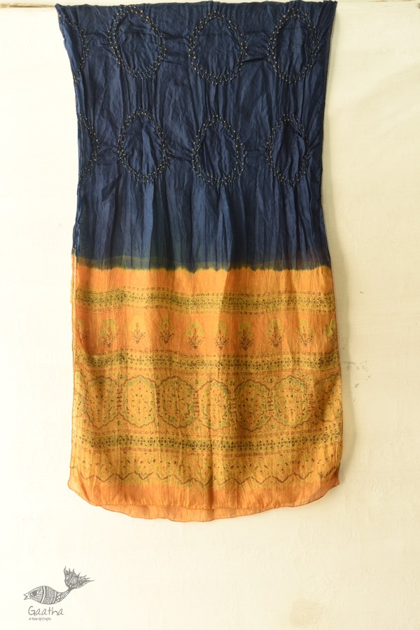 shop Handcrafted Ajrakh Bandhani Silk Navy Blue Stole