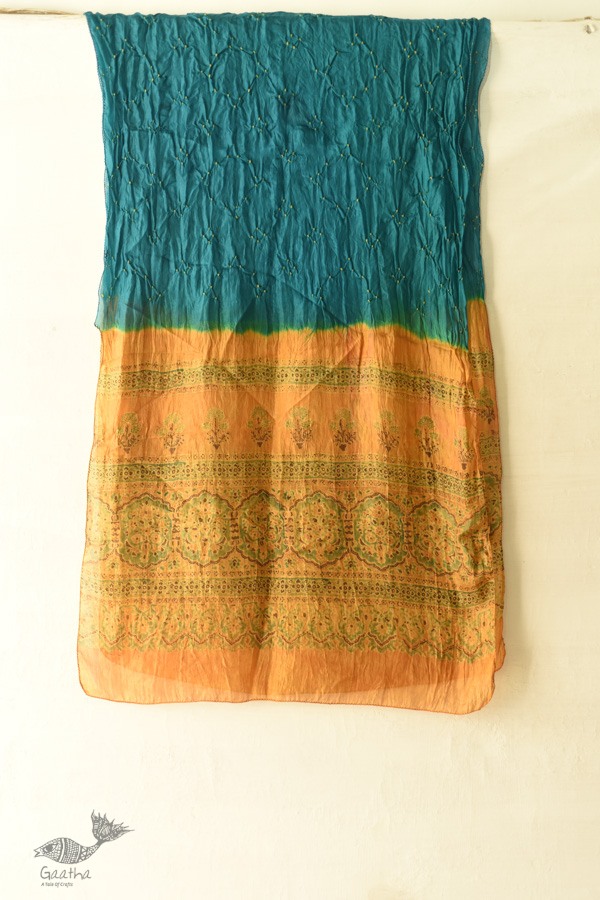 shop Tabi Silk Ajrakh Bandhani Teal Color Stole