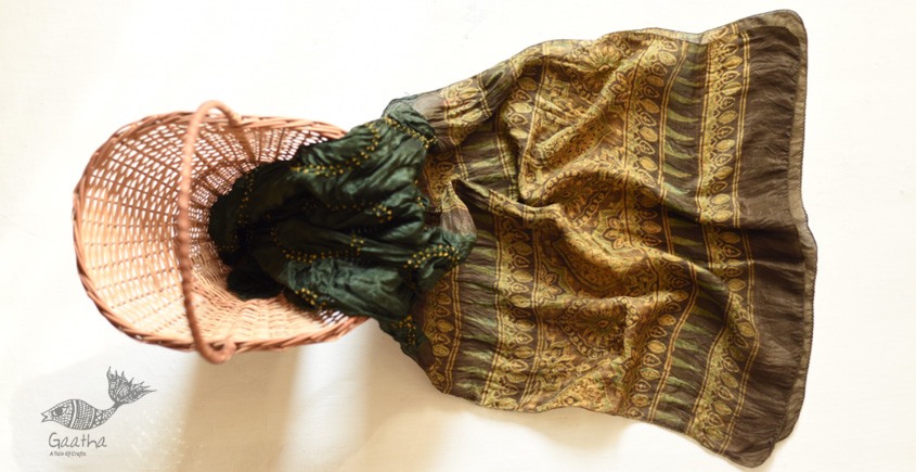 shop silk stole handcrafted - Bottle Green handmade ajrakh bandhani