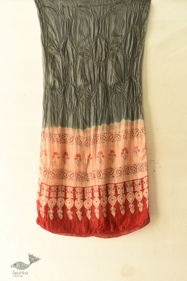 shop silk stole handcrafted - grey & red ajrakh bandhani