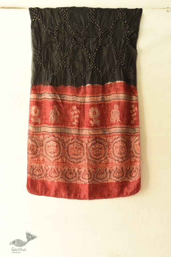 shop silk stole handcrafted - handmade ajrakh bandhani Black & Red