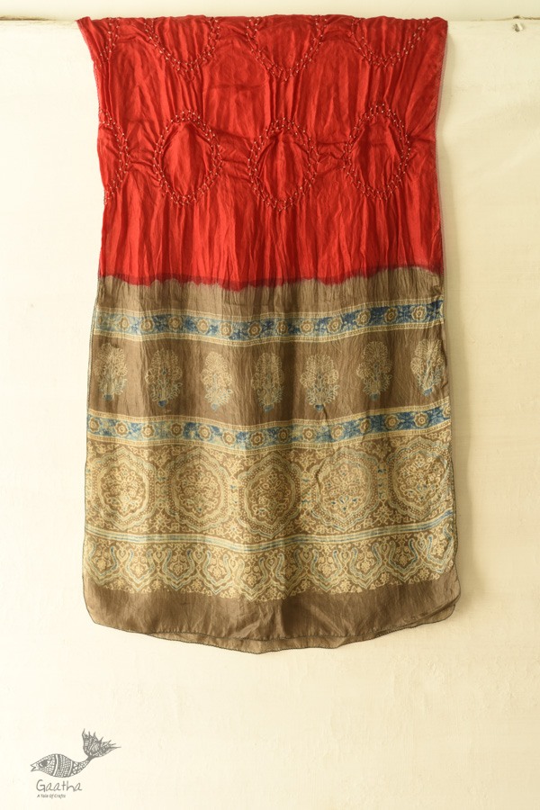 shop red silk stole handcrafted - handmade ajrakh bandhani