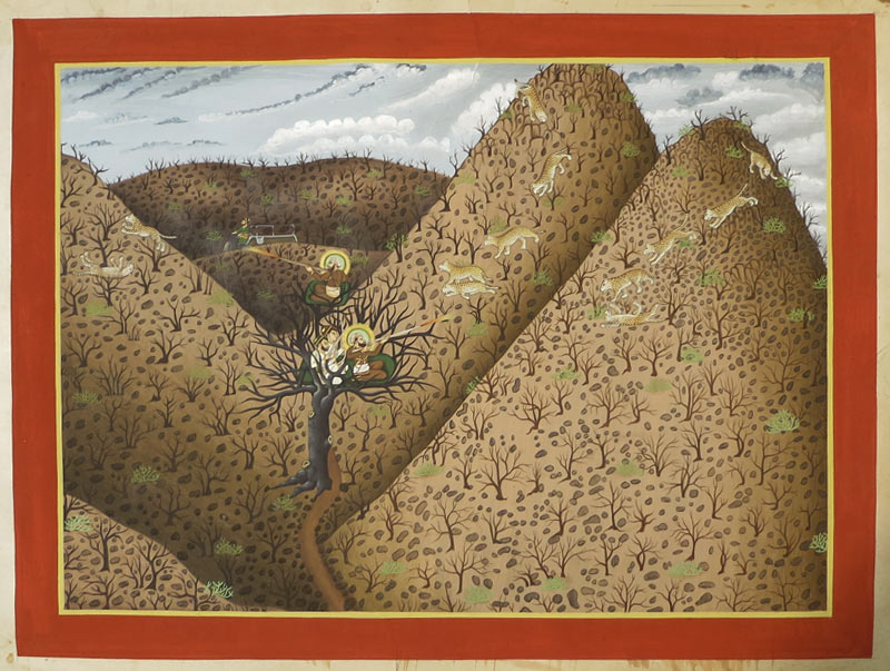 Miniature painting ~ Maharaja Fateh Singh ji hunting leopards