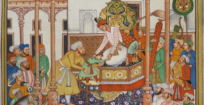 Miniature painting ~ Emperor Akbar receiving Abdul rahim