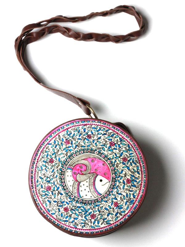 उपवन ~ Leather * Hand Painted { Clutch Round - Matsya Jaal } - 5