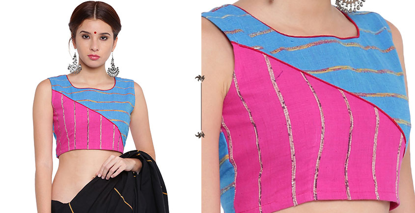 Exclusive Maroon Floral Ajrakh Boat Neck Sleeveless Blouse with Indigo  Piping