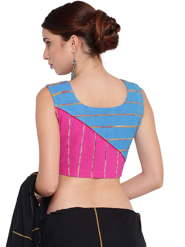 खेस ✥ Pink and blue khesh contemporary blouse with red piping ✥ 7
